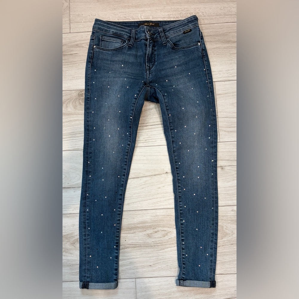 Women's Size 28 Mavi Gold “Lexy” Mid-Rise, Super Skinny Embellished Ankle Jeans